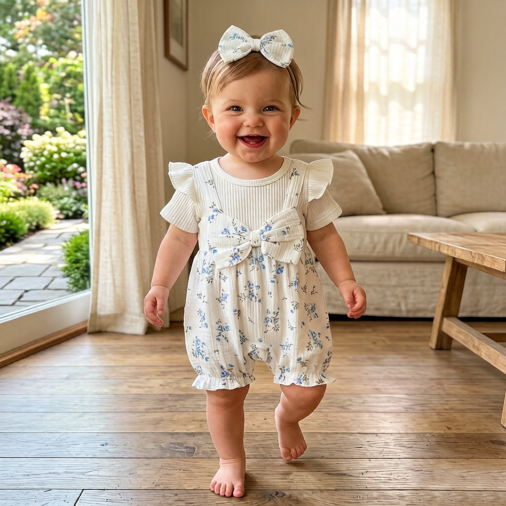 2PCS Neat Floral Print Short Sleeve Baby Jumpsuit