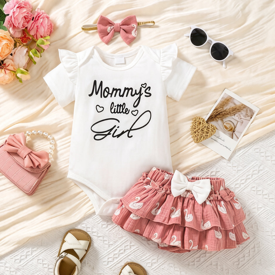 3PCS Cute Mommy's Little Girl Letter Swan Print Short Sleeve Baby Set