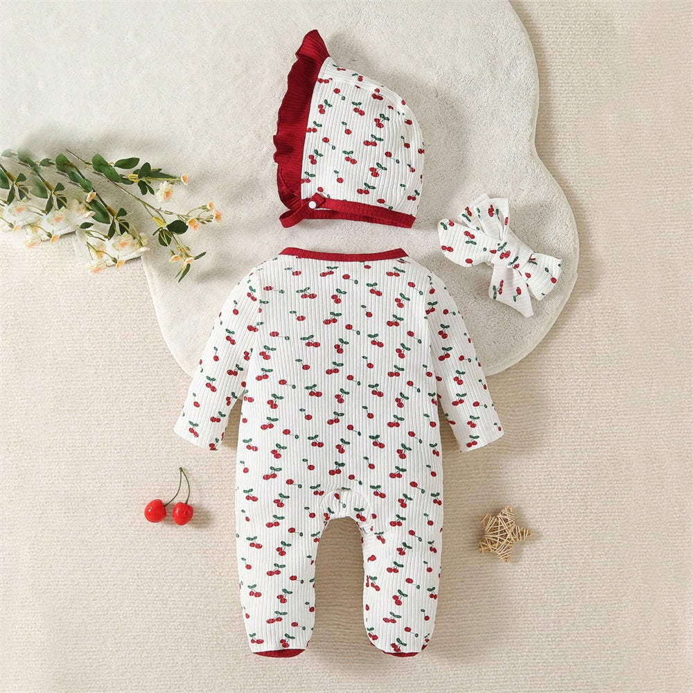 3PCS Trendy Adorable Cherry Print Long Sleeve Baby Jumpsuit