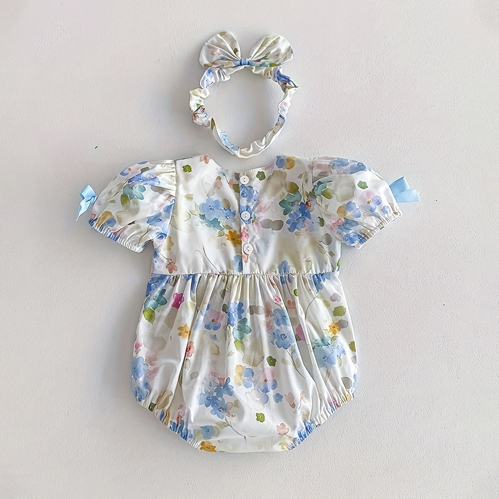 2PCS Watercolor Floral Printed Puff Sleeve Baby Romper