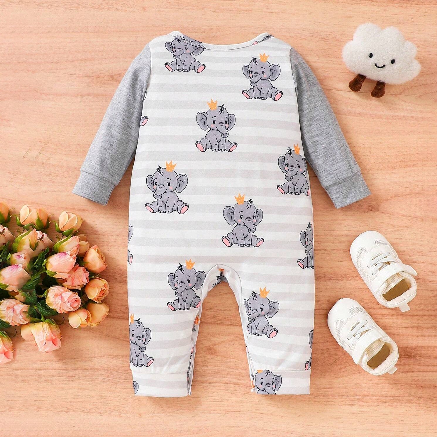 Casual Elephant and Stripe Printed Long Sleeve Baby Jumpsuit