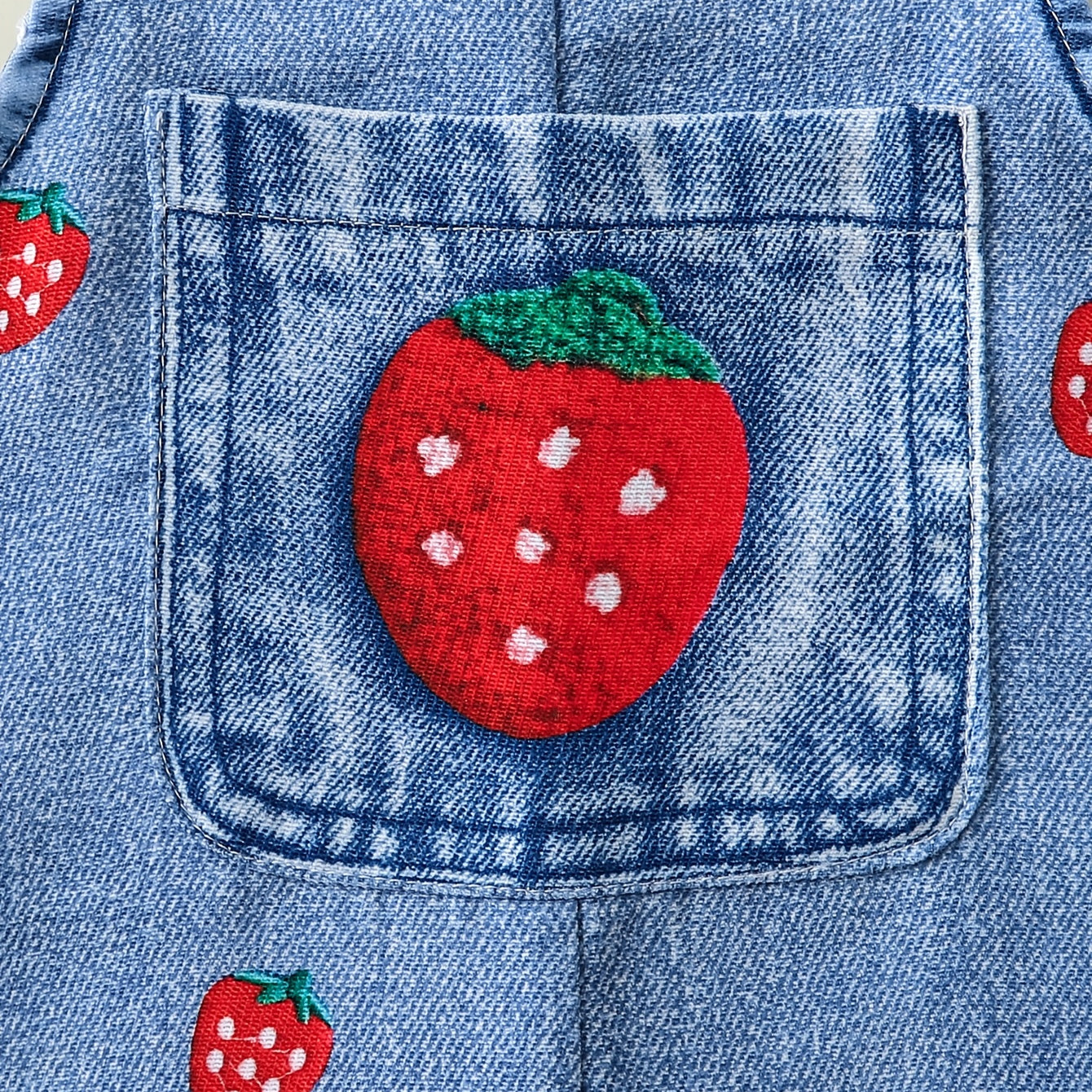 2PCS Cute Strawberry Print Denim Short Sleeve Overalls Baby Set