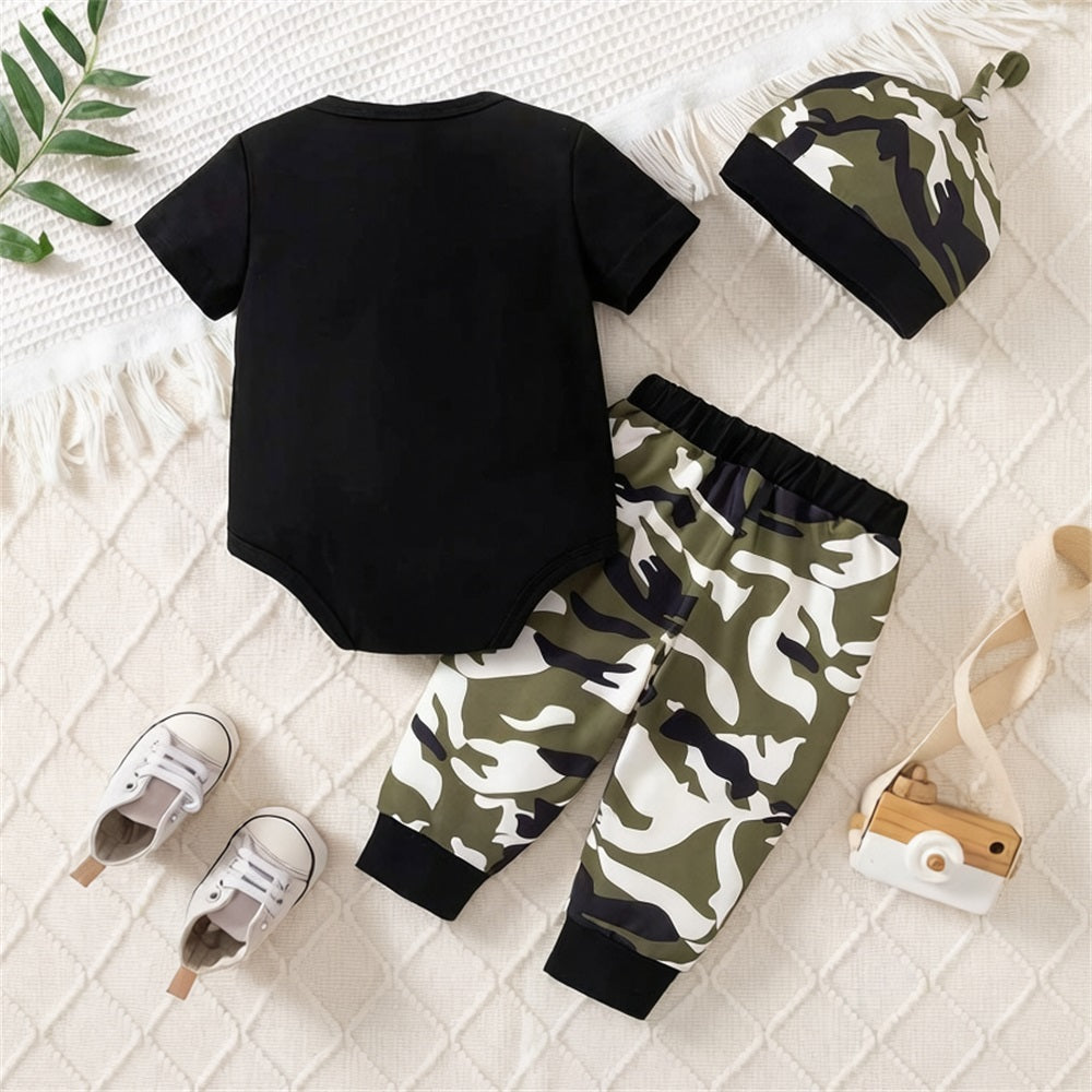3PCS Daddy's Boy Letter Printed Short Sleeve Camouflage Baby Set