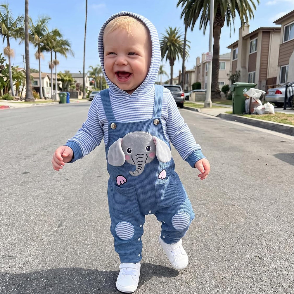 Faux Two Piece Elephant Stripe Print Long Sleeve Baby Hoodie Jumpsuit
