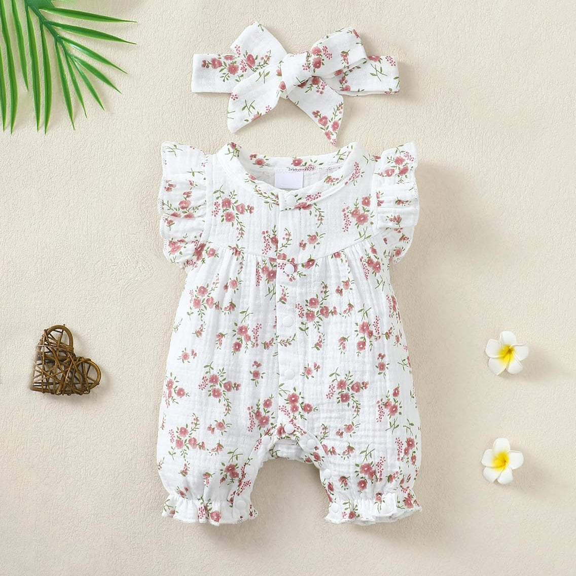 2PCS Graceful Floral Print Sleeveless Baby Jumpsuit