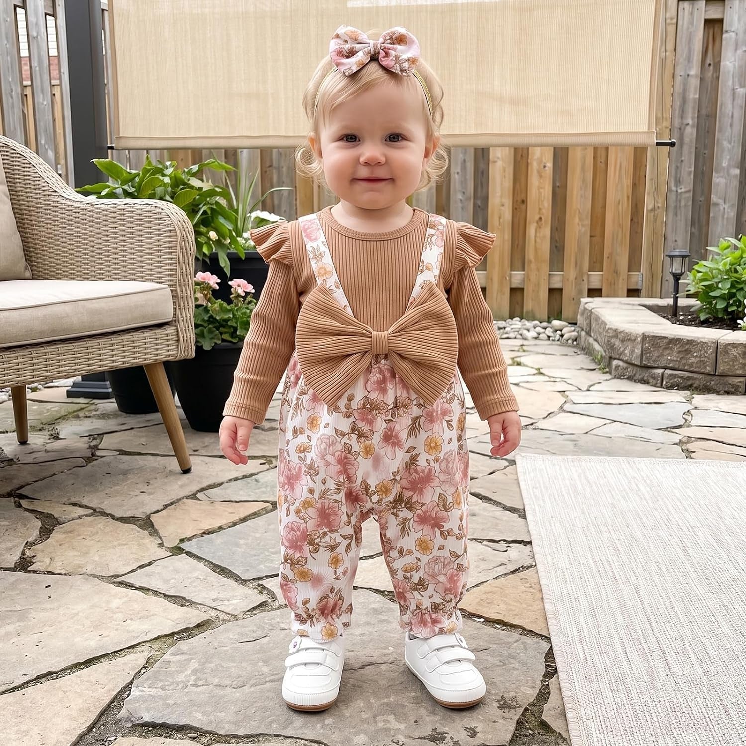 2PCS Classy Floral Printed Long Sleeve Baby Girl Jumpsuit