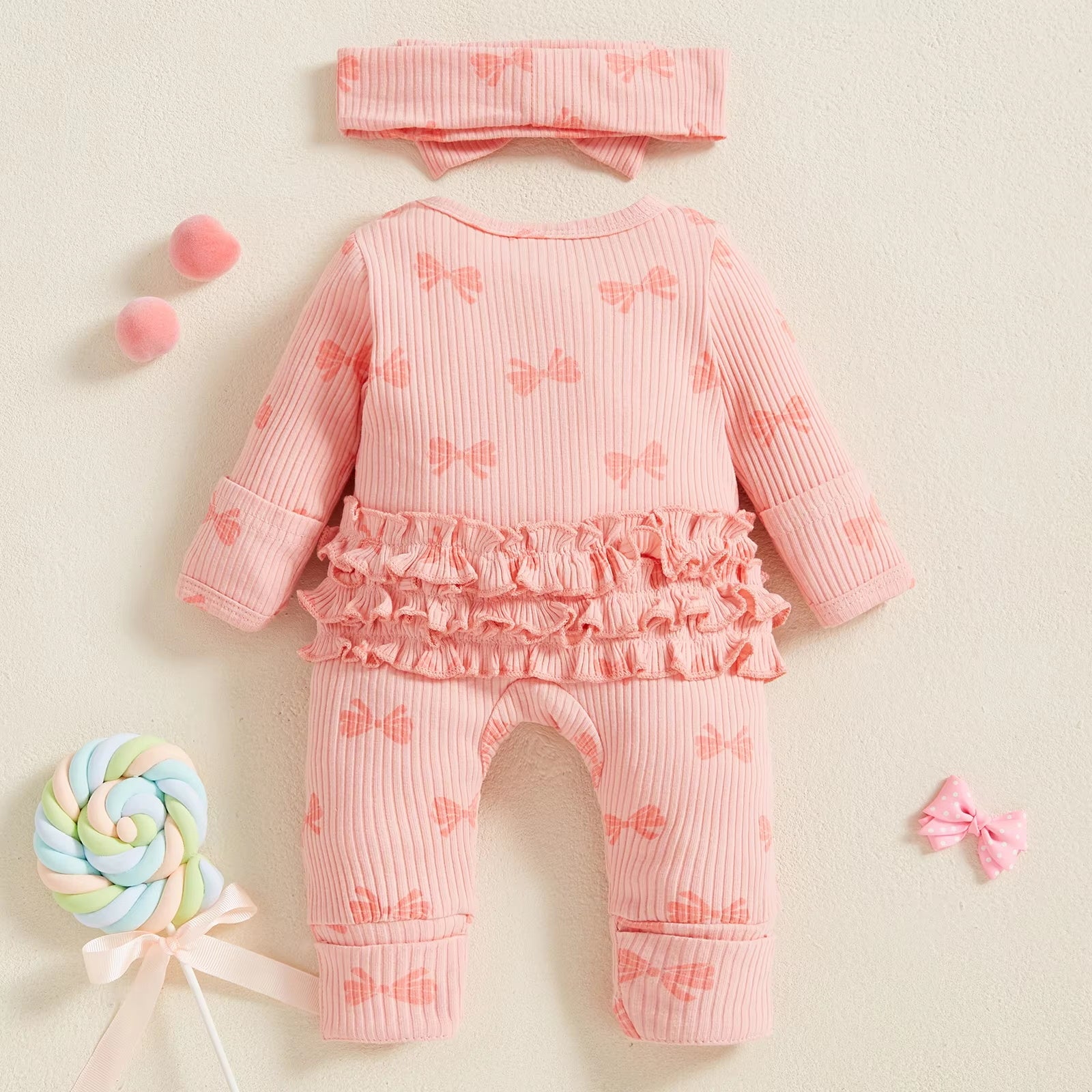 2PCS Cute Bowknot Printed Zipper Long Sleeve Baby Jumpsuit