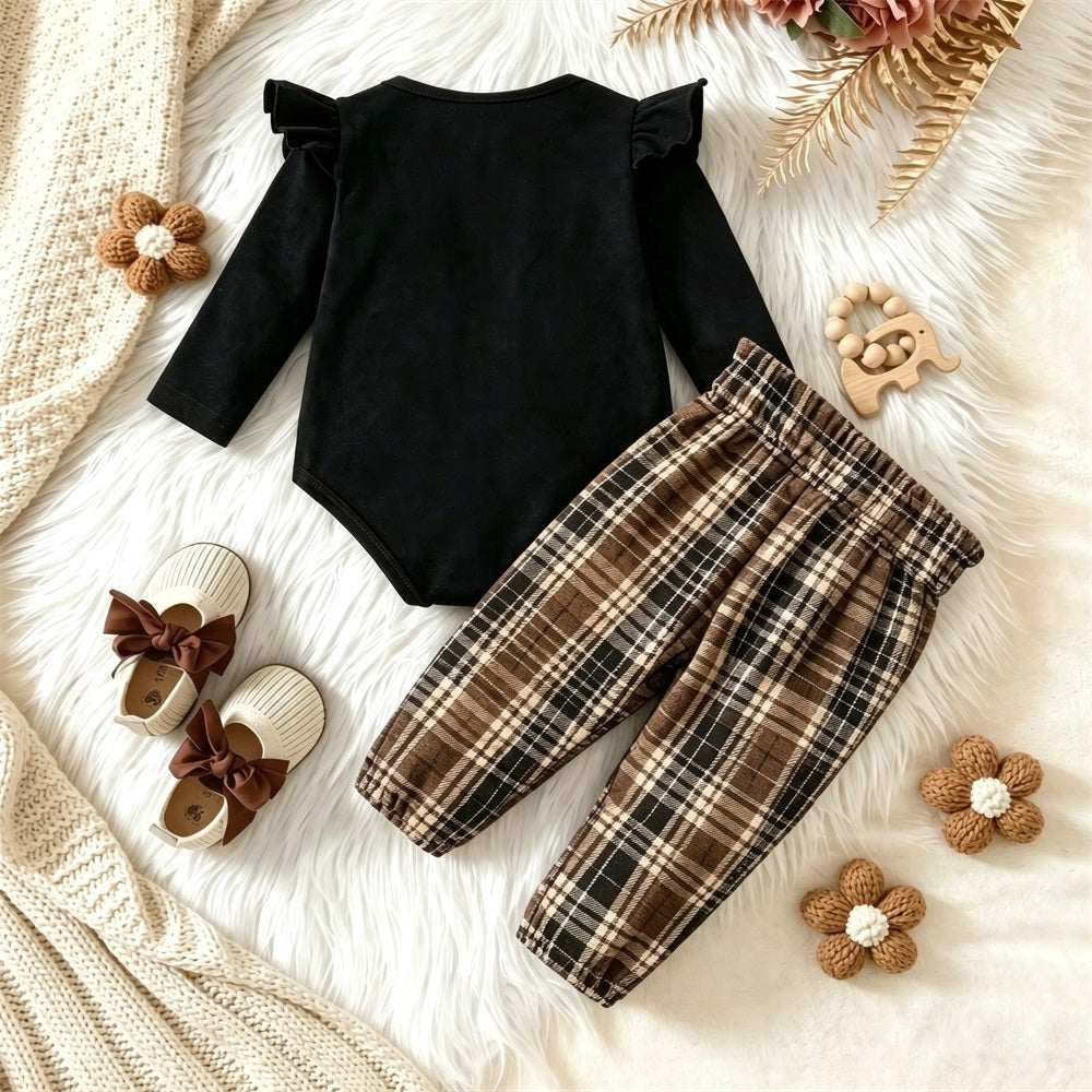 2PCS The Princess Has Arrived Letter Plaid Print Long Sleeve Set