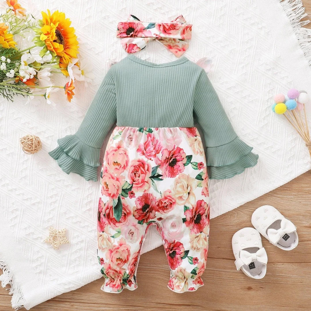2PCS Endearing Floral Print Bow Long Sleeve Baby Girl Jumpsuit