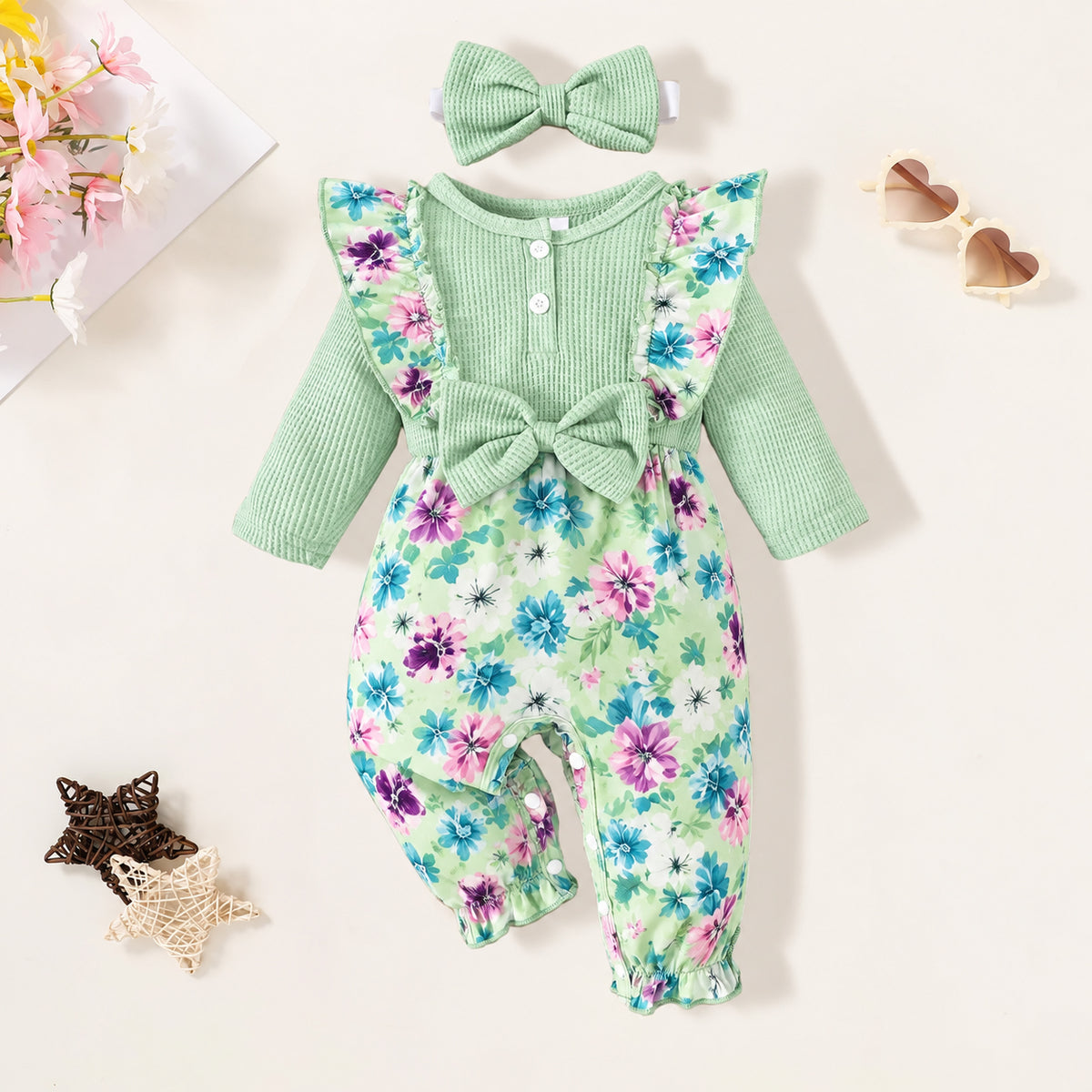 2PCS Baby Girl Floral Print Ruffle Long Sleeve Jumpsuit