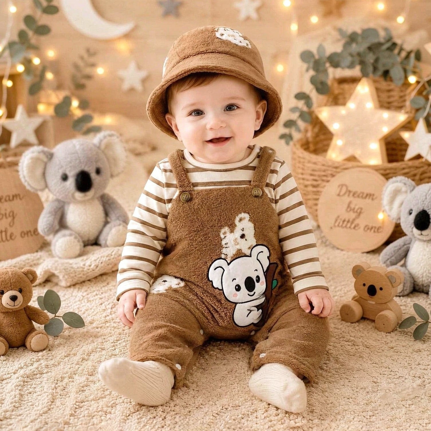 2PCS Faux-Layered Koala and Stripe Printed Baby Sherpa Jumpsuit