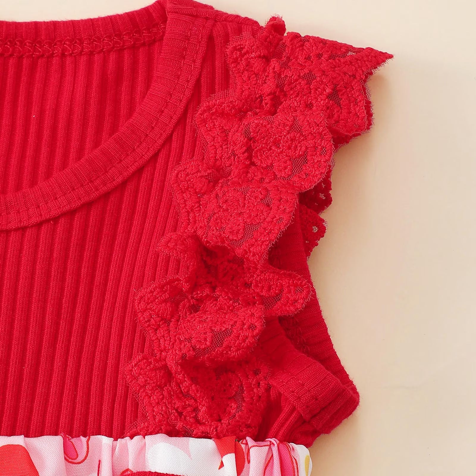 2PCS Cherry Bow Floral Printed Ruffled Sleeveless Baby Romper