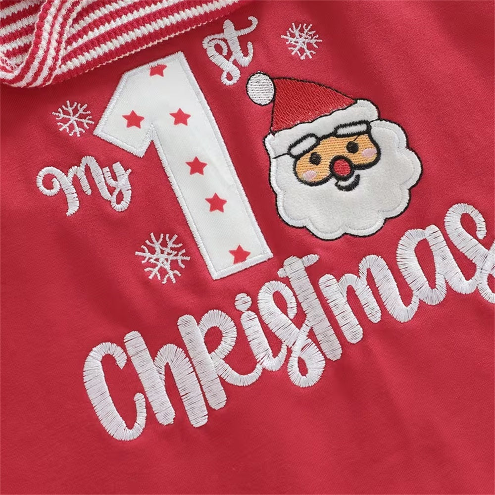 3PCS My First Christmas Letter Embroidery Stripe Print Baby Overalls Set