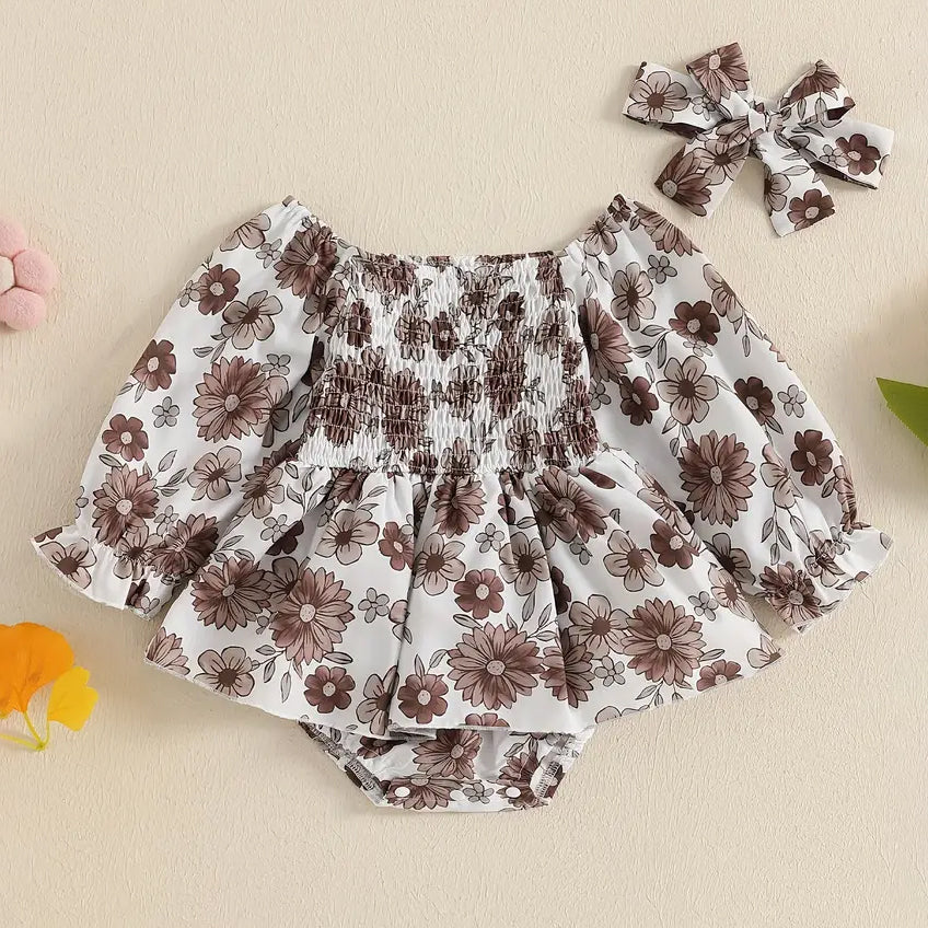 2PCS Trendy Allover Floral Printed Long Sleeve Baby Romper