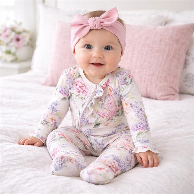 Pretty Floral Printed Long Sleeve Frill Trim Zip Baby Jumpsuit
