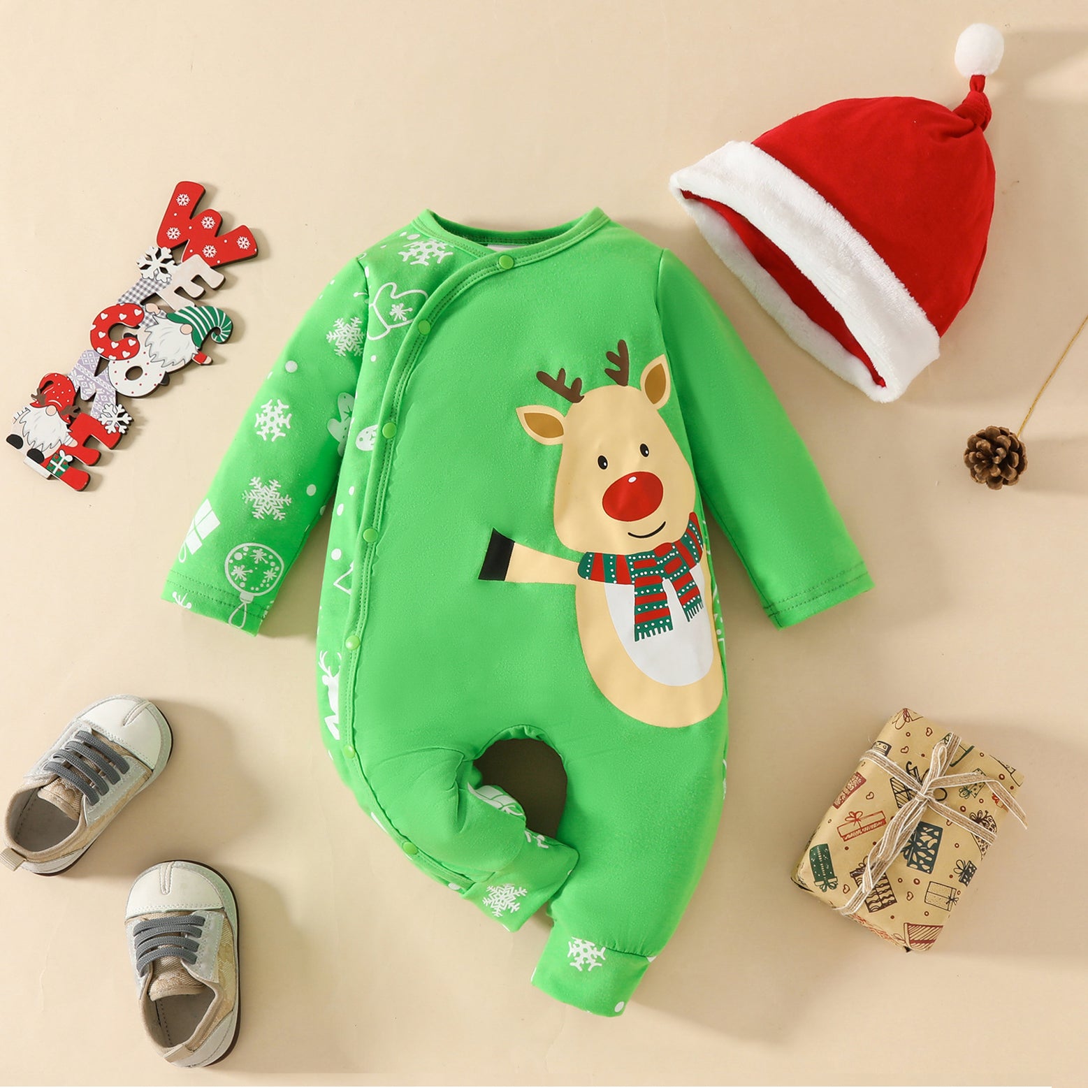 2PCS Cute Christmas Elk Printed Baby Jumpsuit