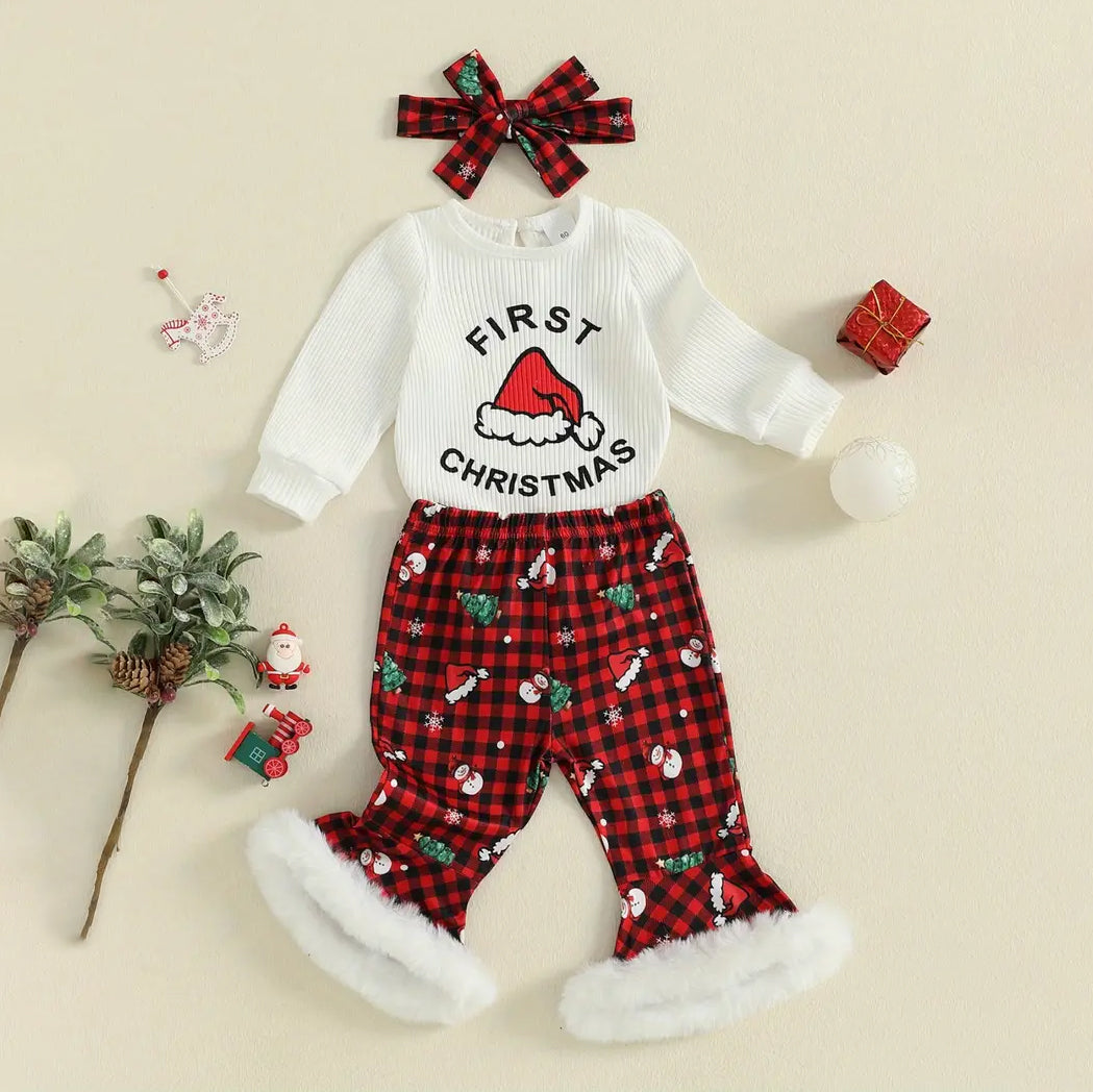 3PCS First Christmas Letter Printed Plaid Long Sleeve Baby Set