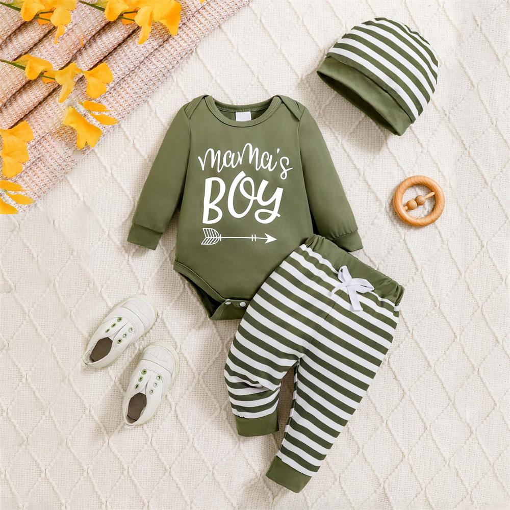 3PCS Mama's Boy Letter Print Striped Long Sleeve Baby Set