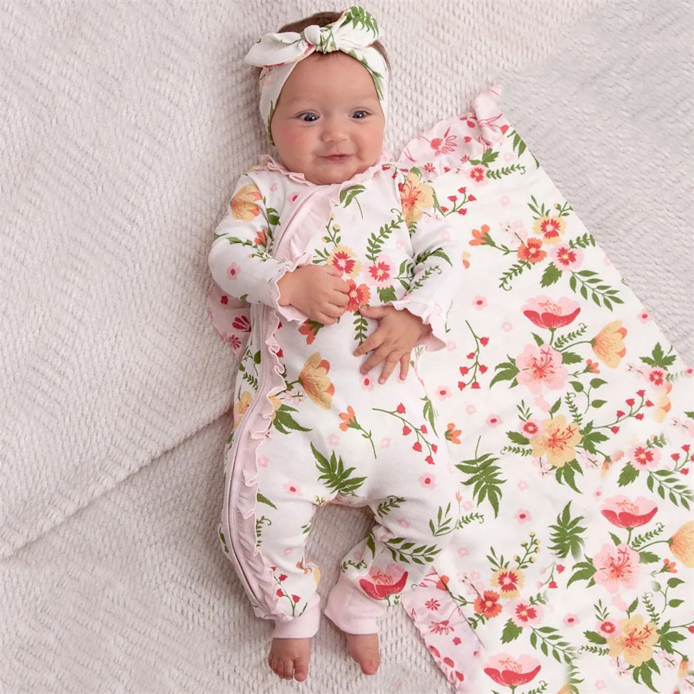 2PCS Adorable Floral Print Ruffle Long Sleeve Zipper Baby Jumpsuit