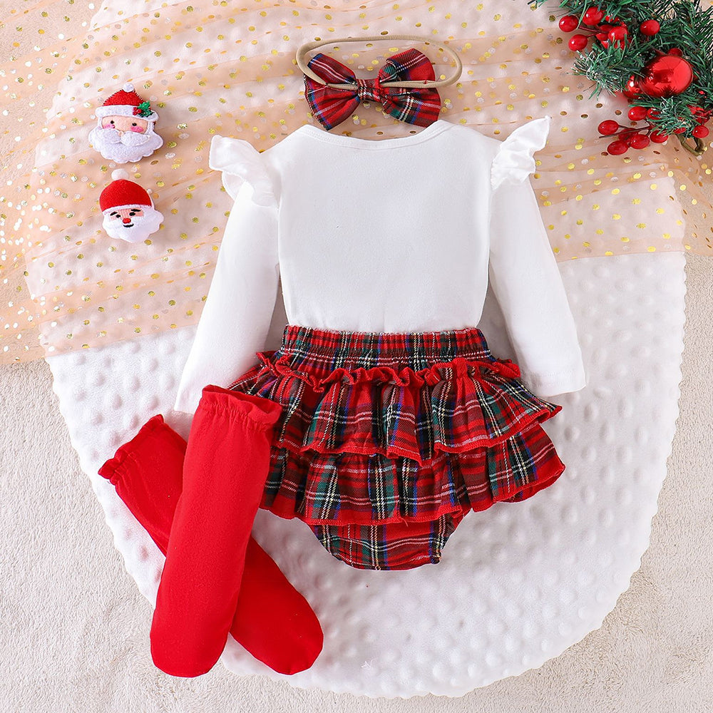 4 PCS Chic My 1st Christmas Letter Santa Plaid Print Baby Girl Set