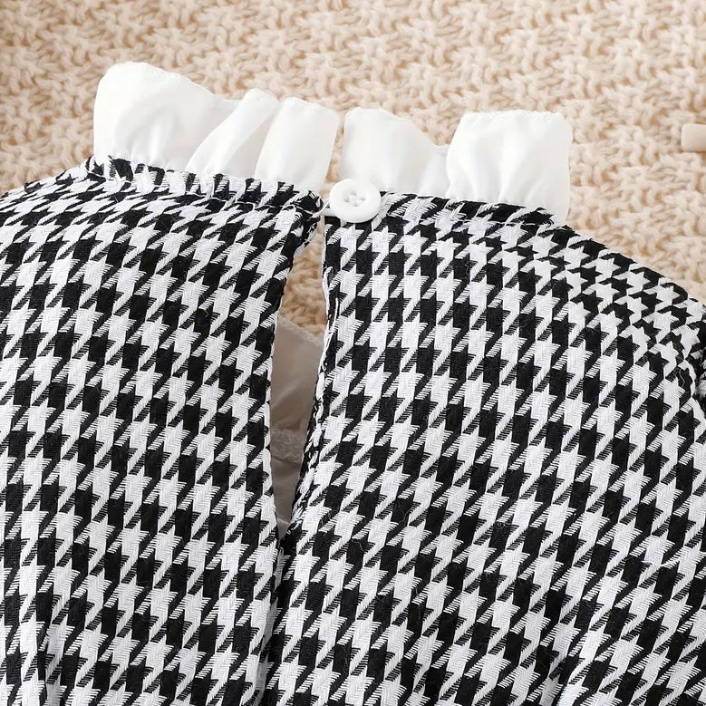 2PCS Lovely Houndstooth Printed Bow Long Sleeve Baby Romper