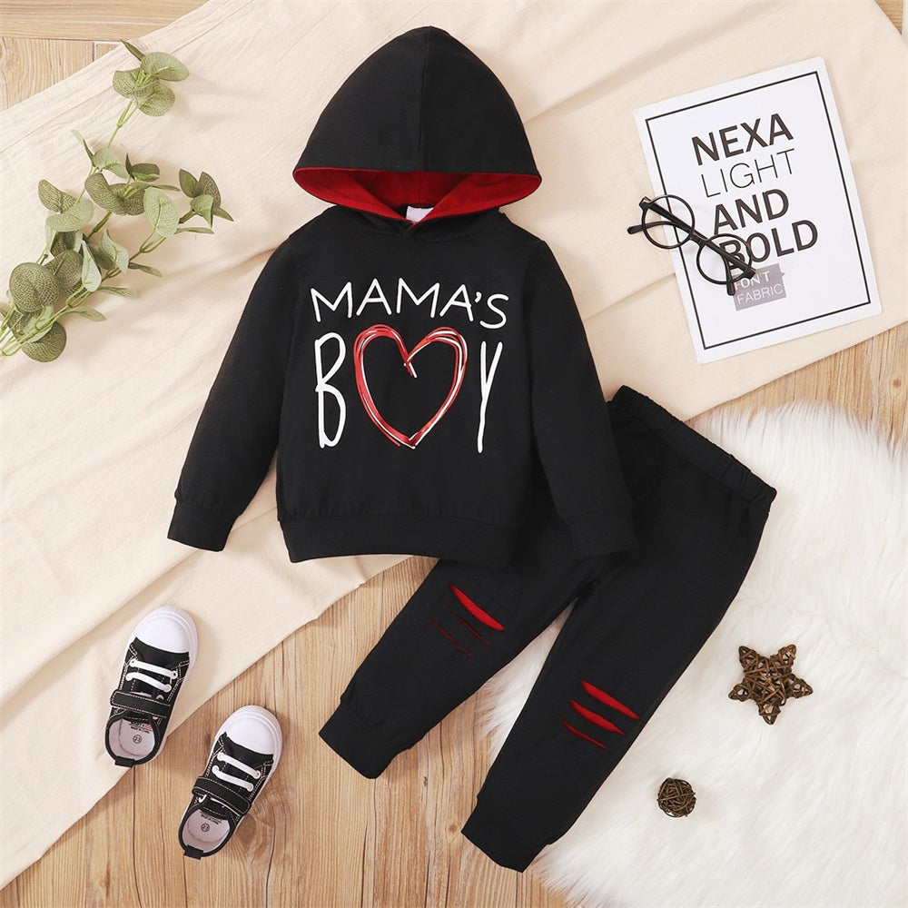 2PCS Mama's Boy Letter Print Long Sleeve Hooded Baby Set