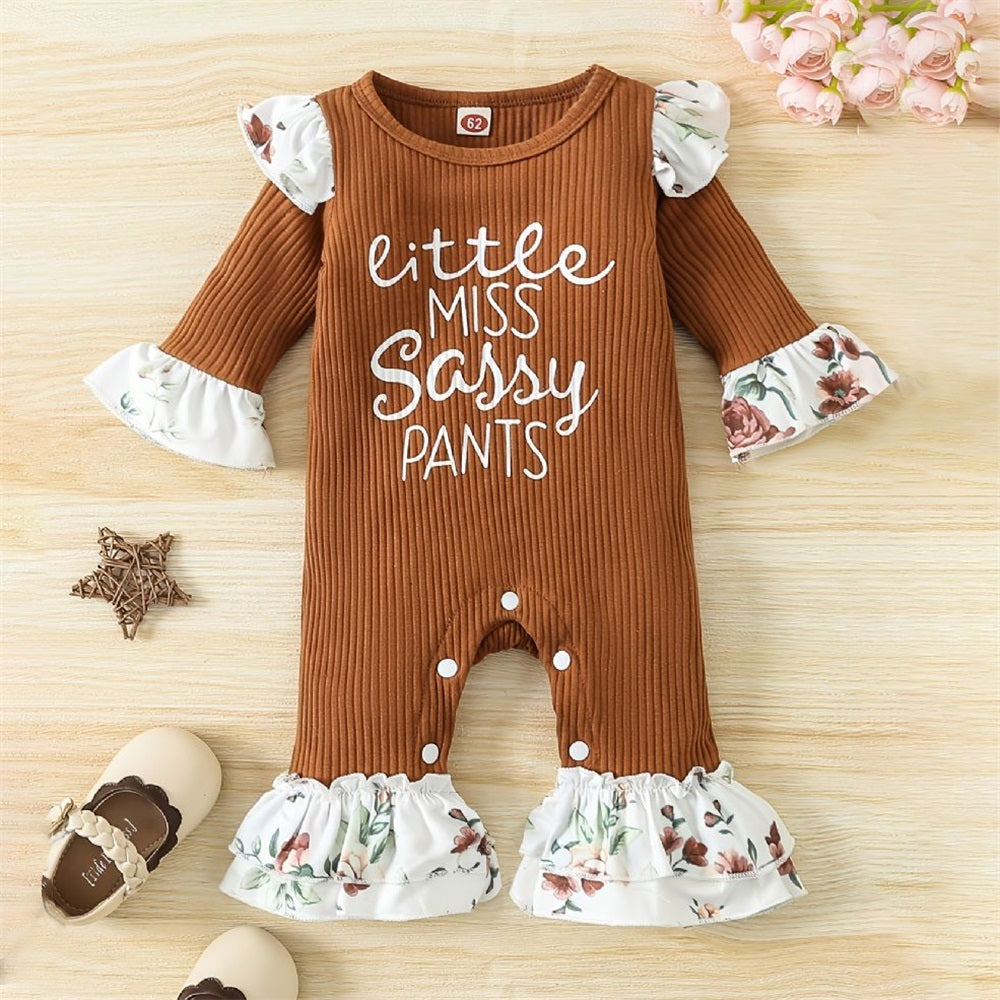 Little Miss Sassy Pants Letter Floral Print Long Sleeve Baby Jumpsuit