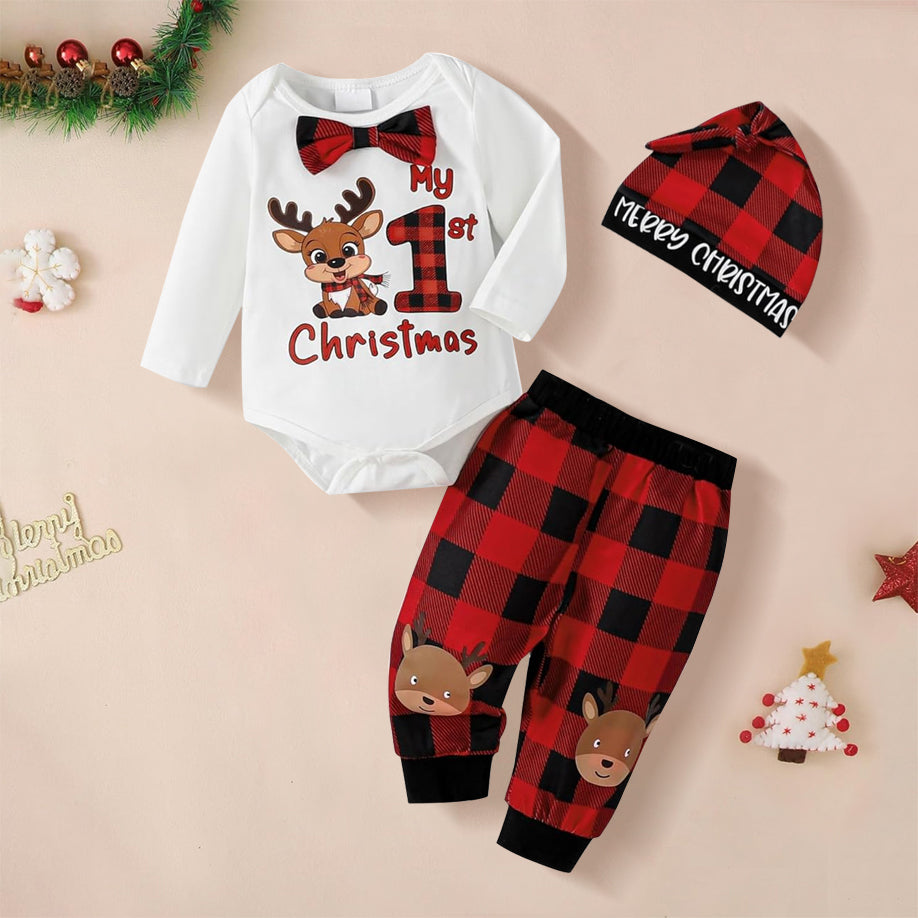3PCS My 1st Christmas Letter Elk Plaid Printed Baby Set