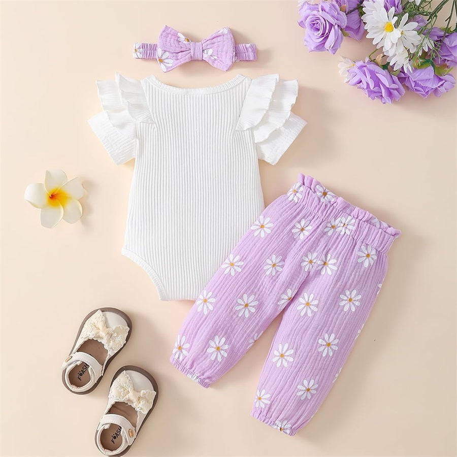 3PCS Hello I'm New Here Letter Embroidery Floral Print Baby Set
