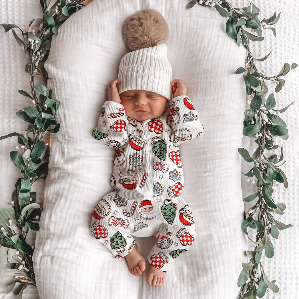 Various Christmas Patterns Printed Zipper Long Sleeve Baby Jumpsuit