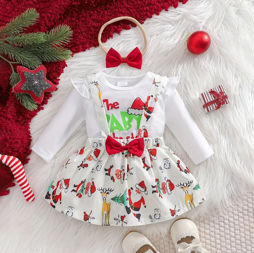 3PCS Christmas Santa Claus and Elk Letter Printed Long Sleeve Baby Set