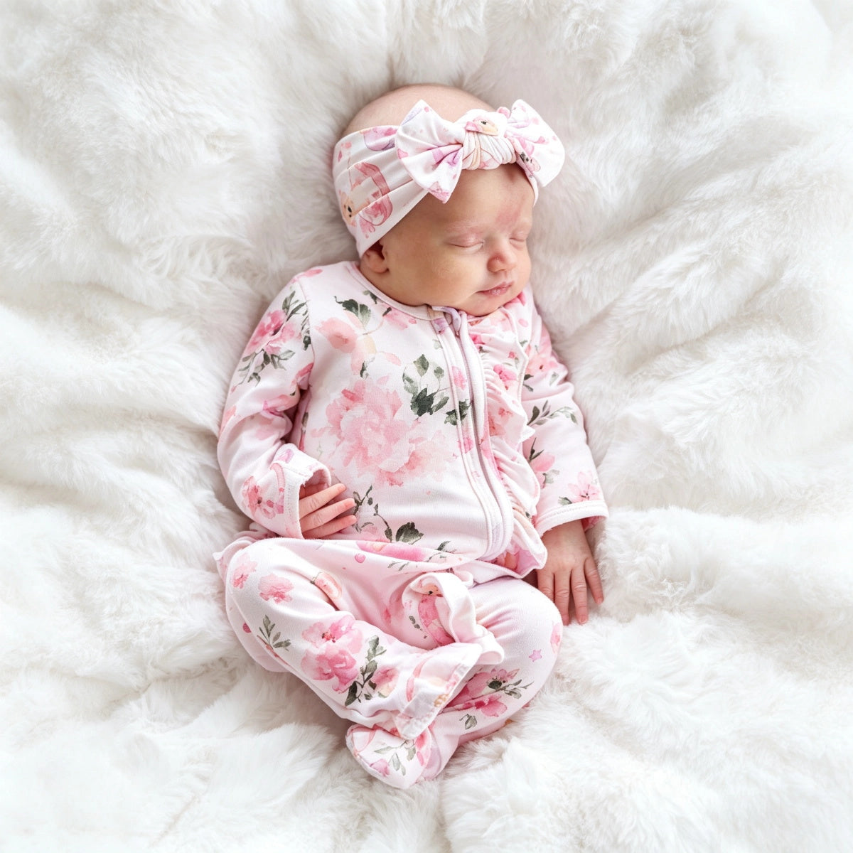 2PCS Chic Floral Print Ruffle Zipper Long Sleeve Baby Jumpsuit