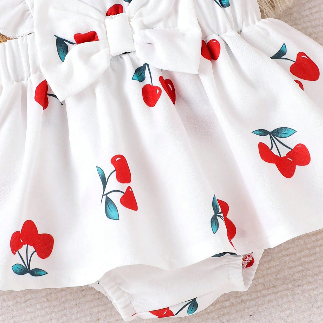 Sweet Cherry Printed Bowknot Flounce Sleeve Baby Romper