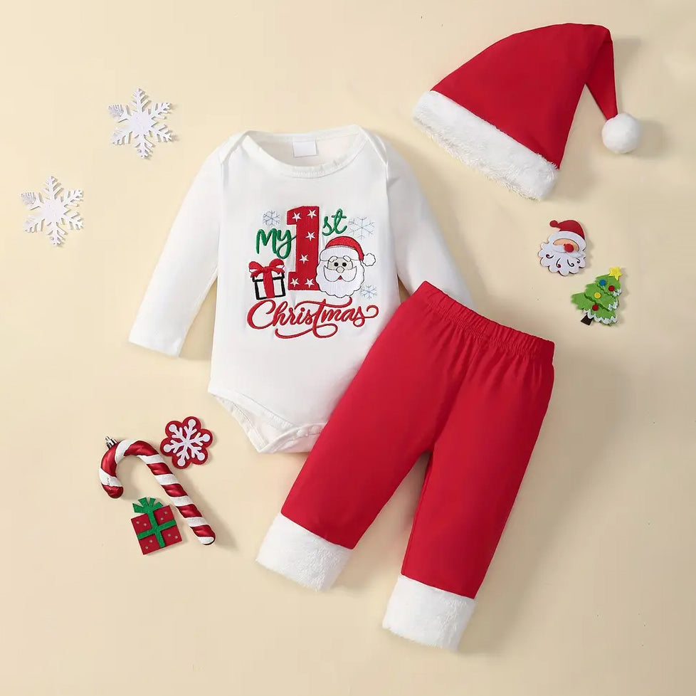 3PCS My 1st Christmas Letter Printed Long Sleeve Baby Set