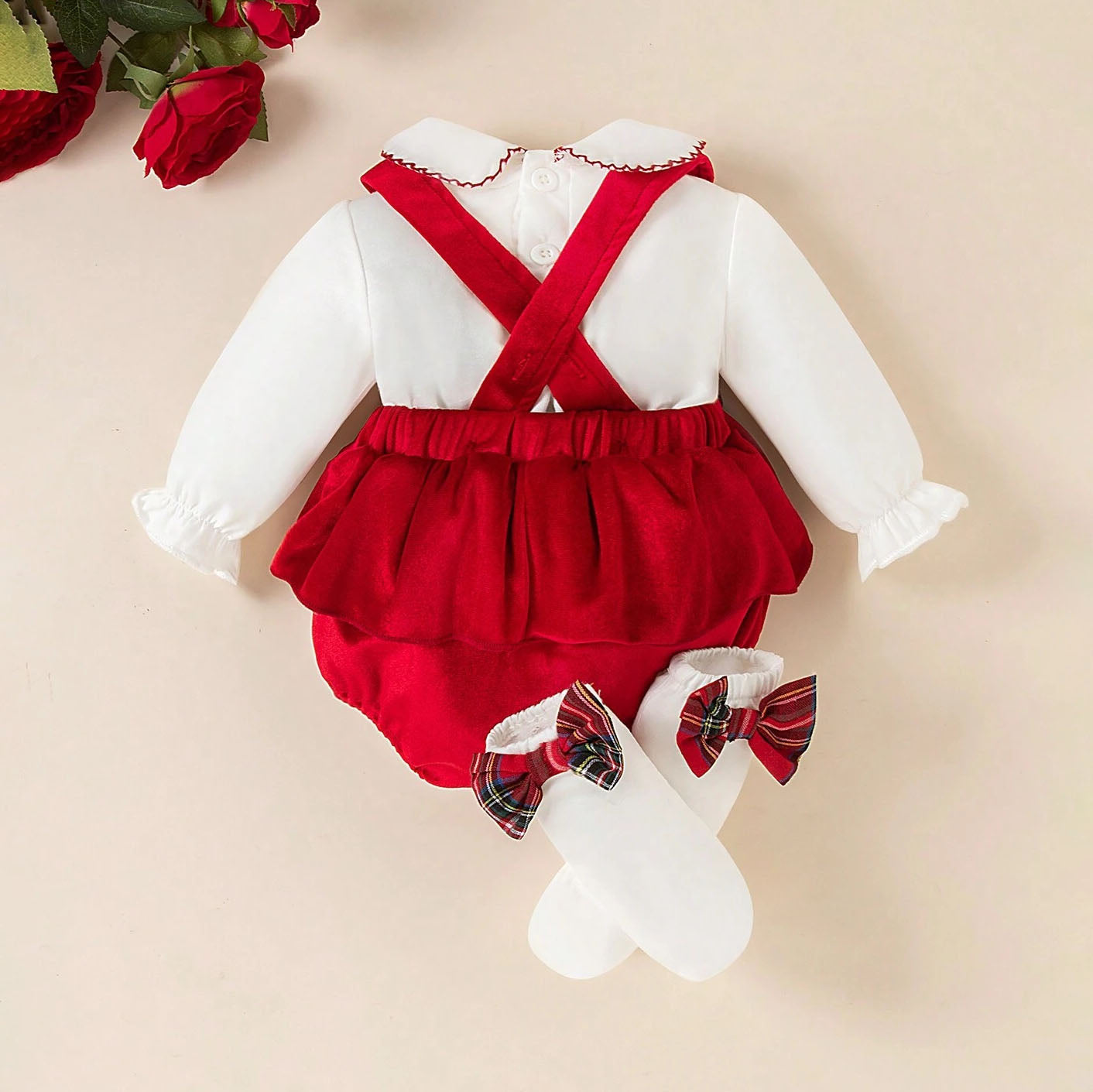 2PCS Christmas Velvet Solid Color Plaid Printed Baby Romper