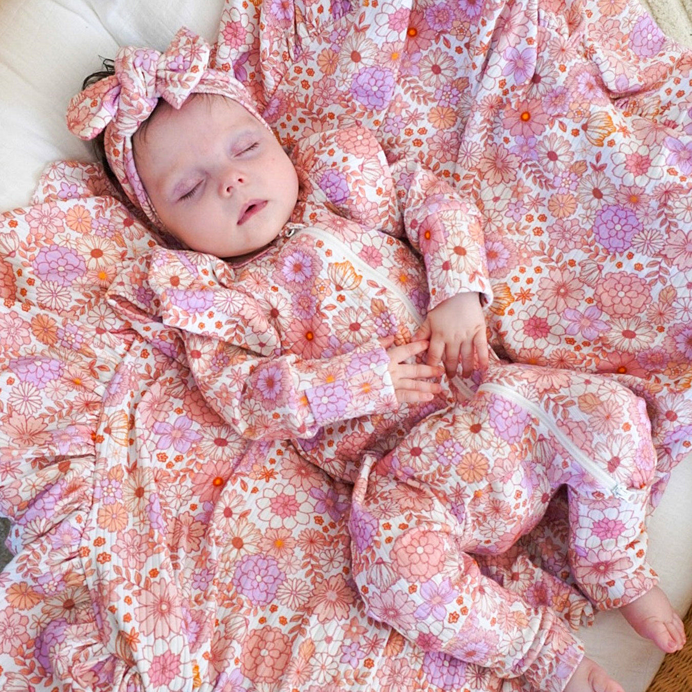 2PCS Charming Floral Print Ruffle Zipper Baby Jumpsuit