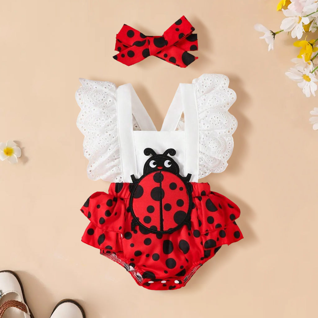 2PCS Cute Ladybug Printed Lace Flyaway Sleeve Baby Romper