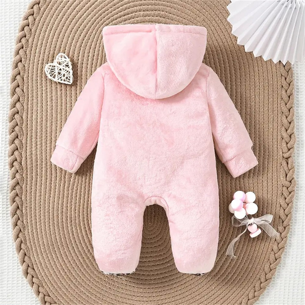 Pink Leopard Bow Print Hooded Long Sleeve Plush Baby Jumpsuit