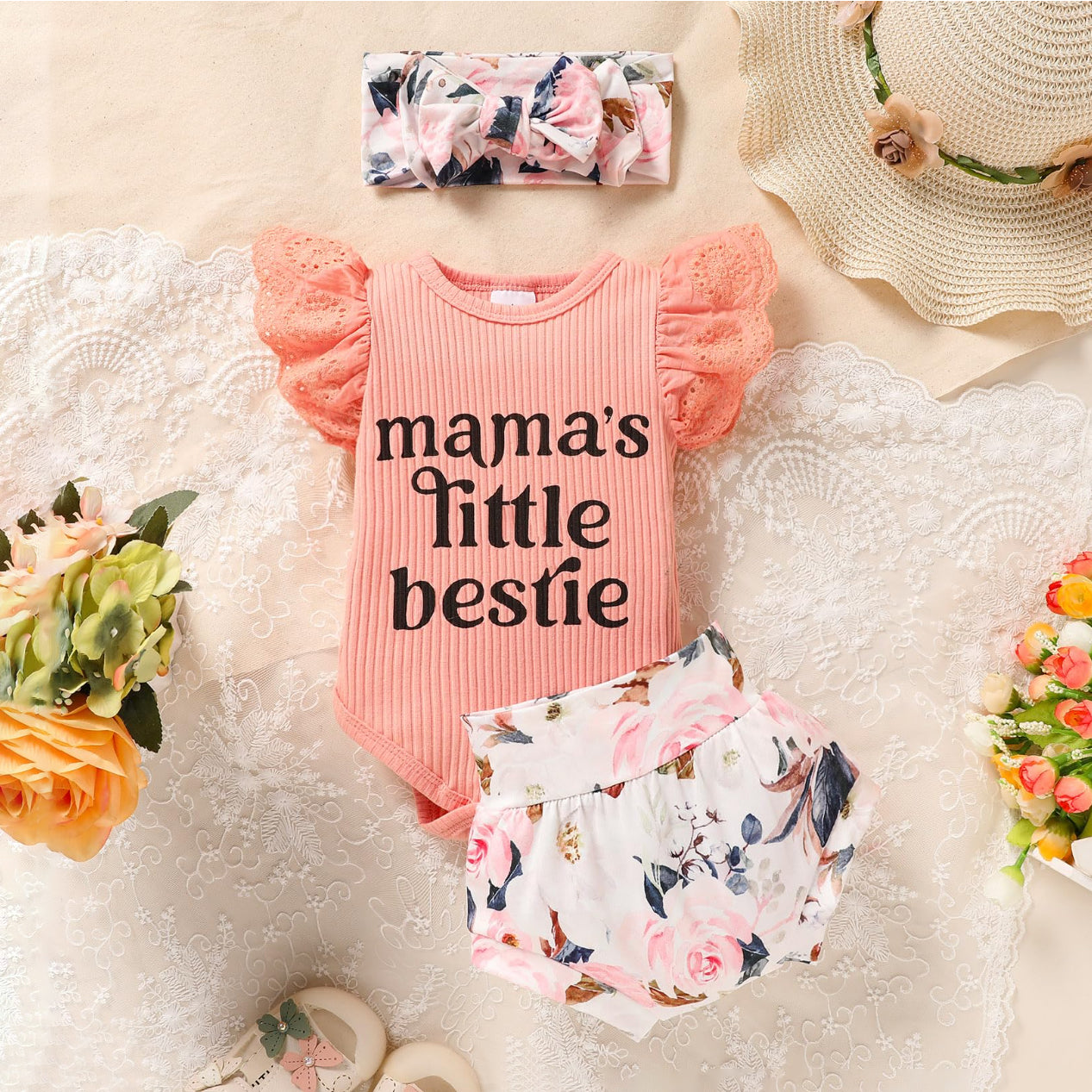 3PCS Mama's Little Bestie Letter Floral Printed Sleeveless Baby Set