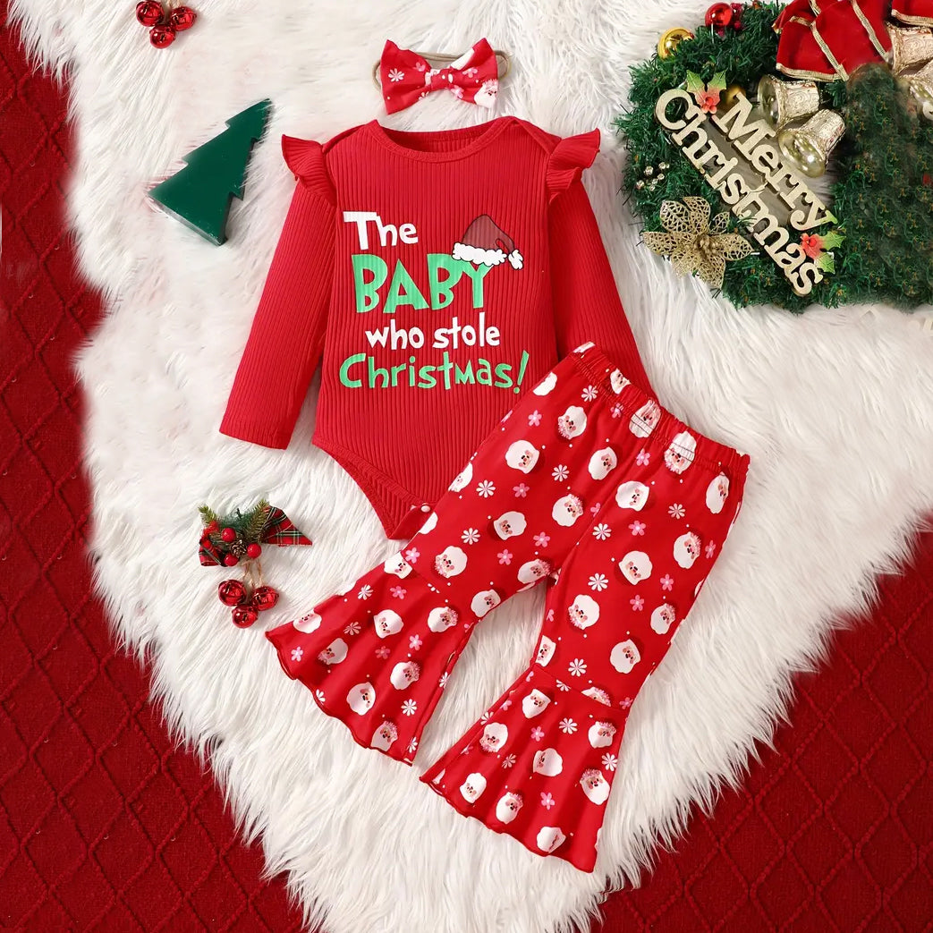 3PCS The Baby Who Stole Christmas Letter Santa Printed Baby Set