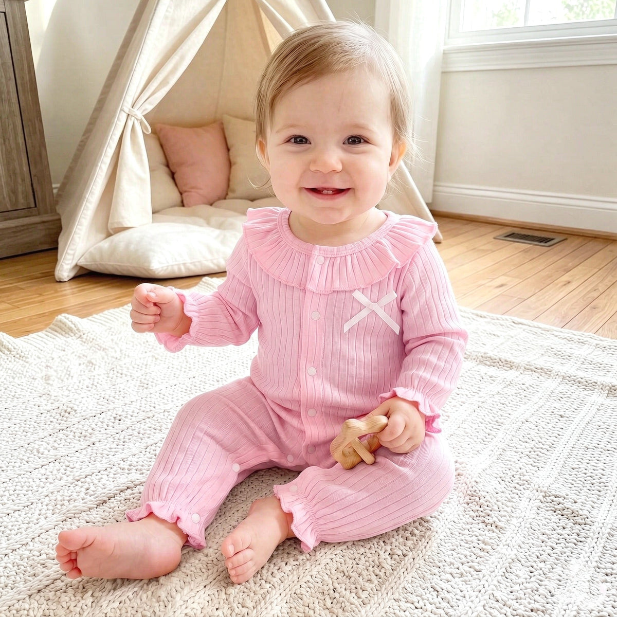 Cozy Solid Color Long Sleeve Ruffle Baby Girl Jumpsuit