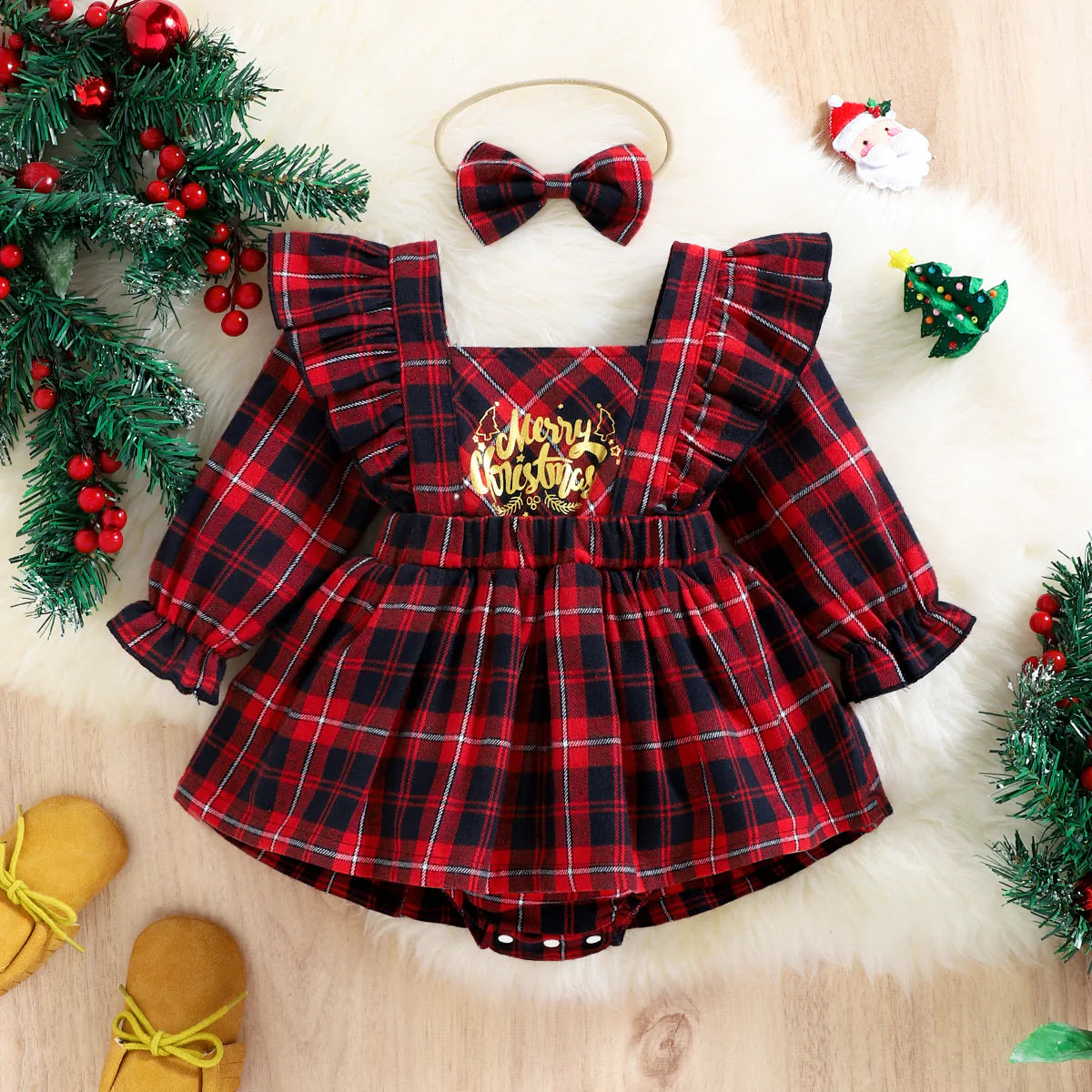 2PCS Christmas Plaid Printed Long Sleeve Baby Romper