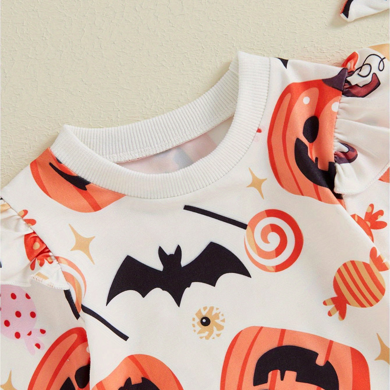 2PCS Halloween Pumpkin Bat Printed Long Sleeve Baby Jumpsuit