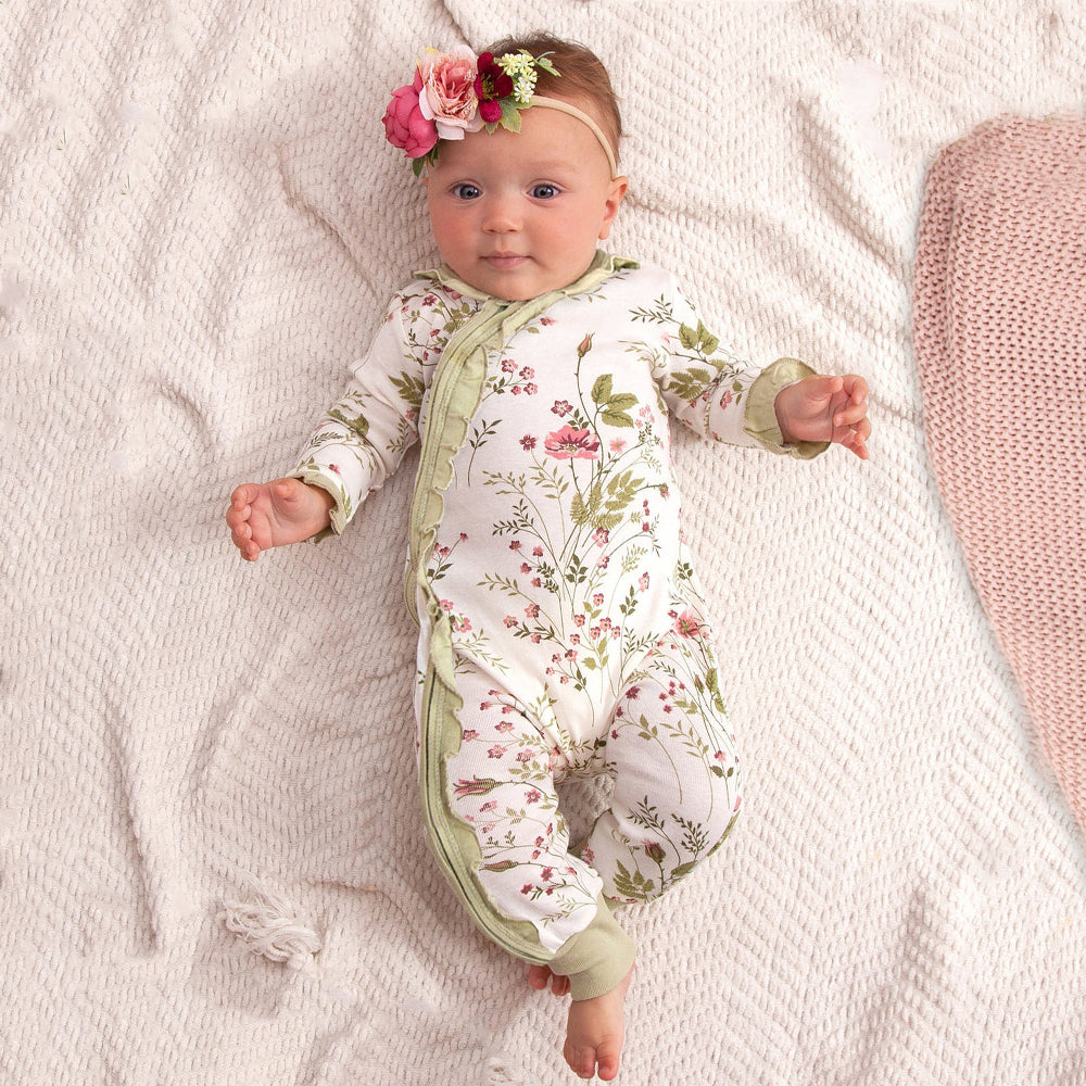 Casual Floral Printed Ruffle Trim Long Sleeve Zipper Baby Jumpsuit