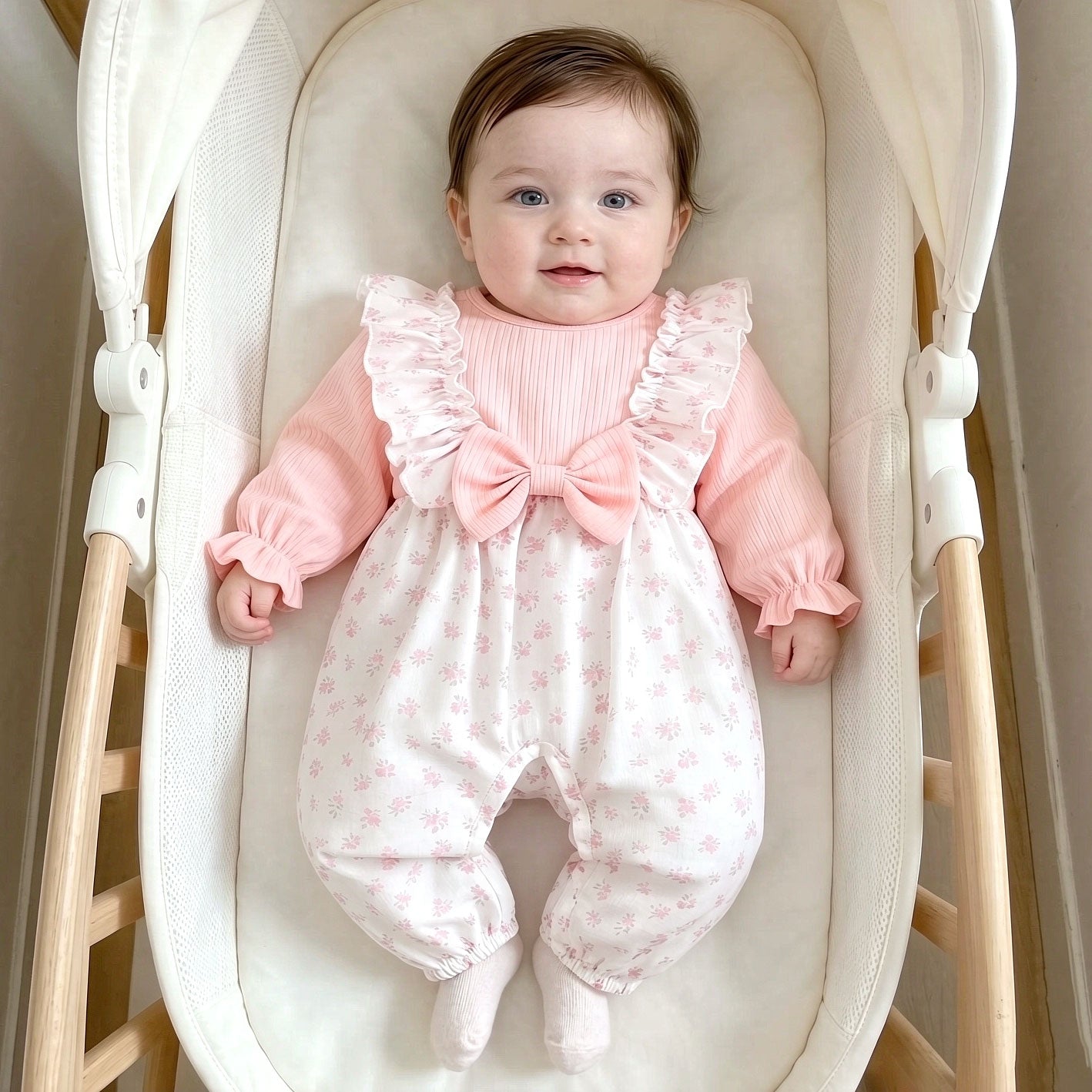 Chic Fake Two-Piece Floral Printed Ruffle Long Sleeve Baby Jumpsuit