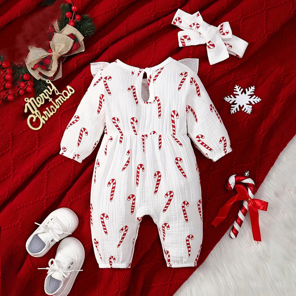 2PCS Christmas Candy Cane Printed Bowknot Long Sleeve Baby Jumpsuit