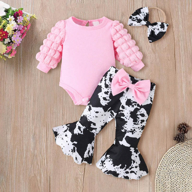 3PCS Cow Printed Bubble Long Sleeve Flared Pants Baby Set