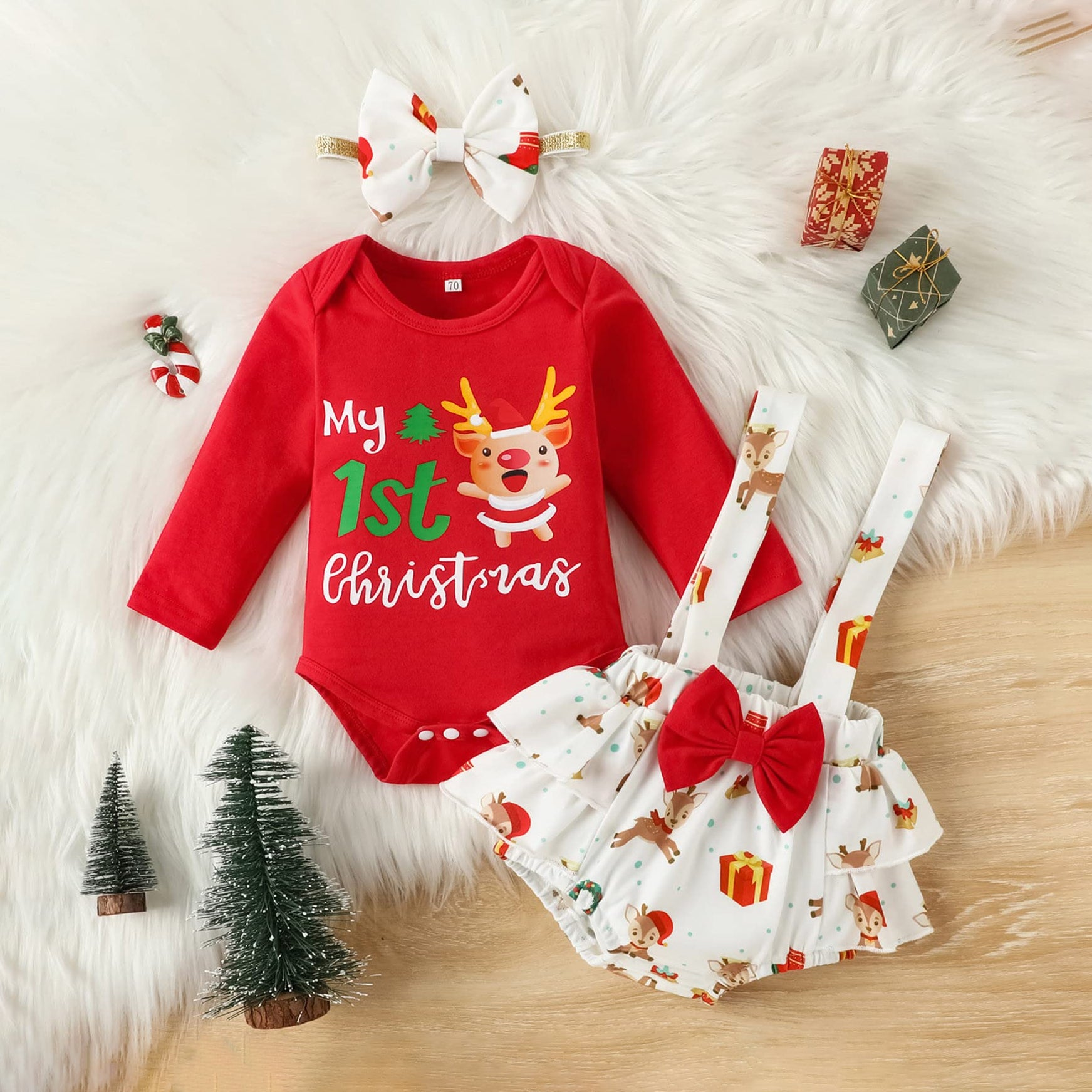 3PCS My 1st Christmas Letter Elk Printed Long sleeve Baby Set