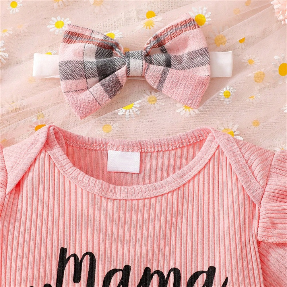 3PCS Mama Is My Bestie Letter Printed Plaid Short Sleeve Baby Set