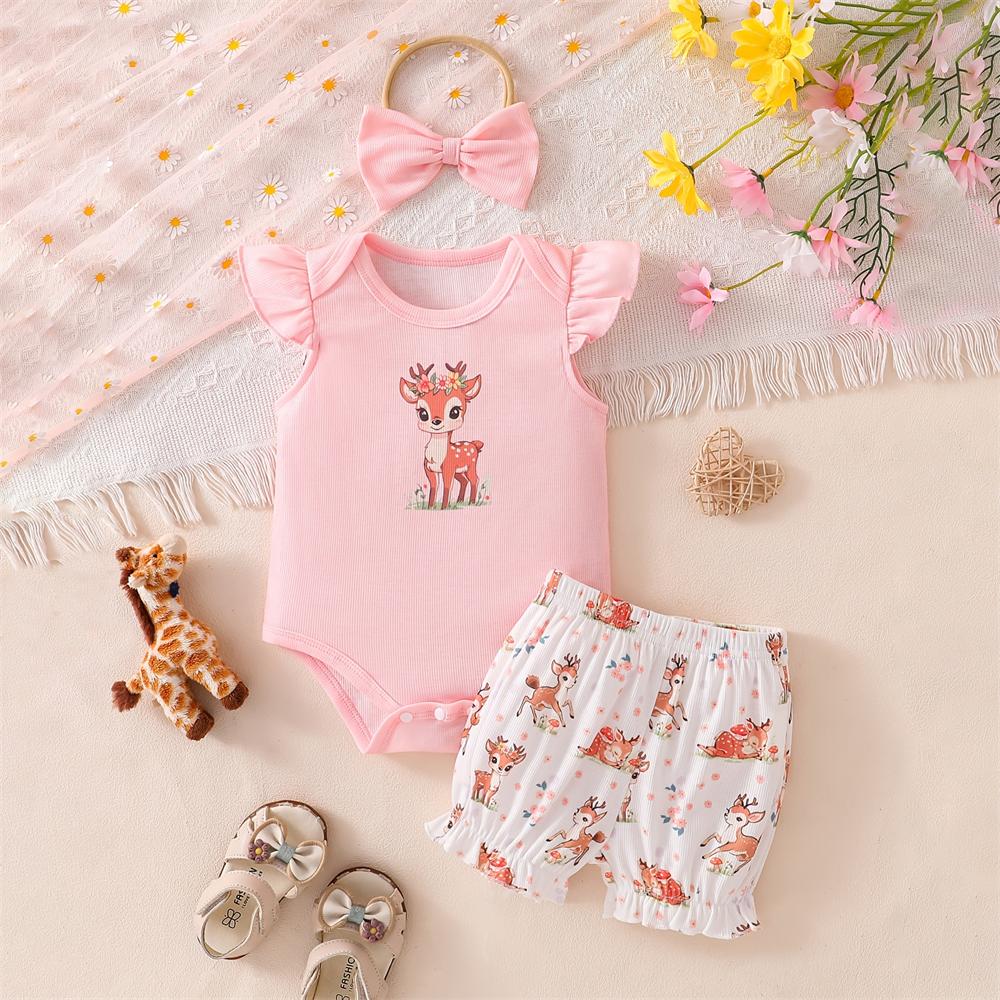 3PCS Lovely Deer & Floral Print Flutter Sleeve Baby Set
